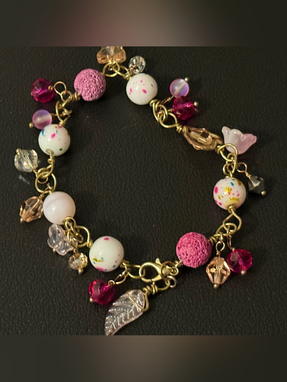 Handmade Beaded Charm Bracelet Gold Wire Pink Lava Stone Glass Butterfly⁠